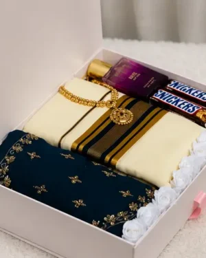 Premium Women's Kerala Saree Gift Hamper with Perfume & Chocolates