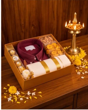 Premium Onam Shirt & Mundu Dry Fruits Gift Hamper