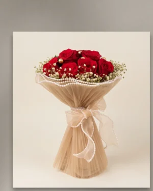Pearl Elegance Red Rose Bouquet